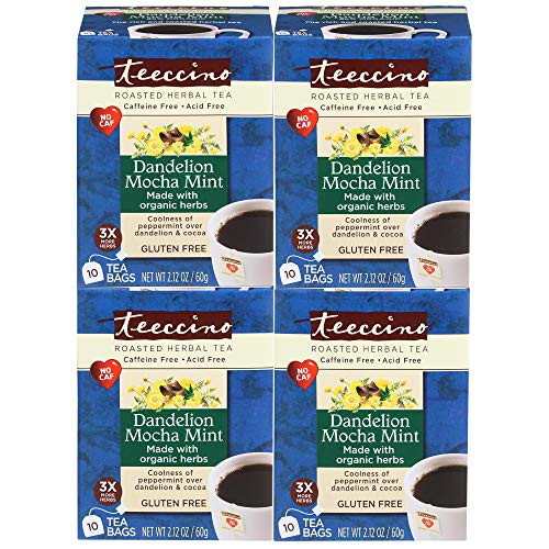 Teeccino Dandelion Mocha Mint Dandelion Root Roasted Herbal Tea, Caffeine free, Gluten free, Acid Free, Prebiotic 10 Tea Bags (Pack of 4)