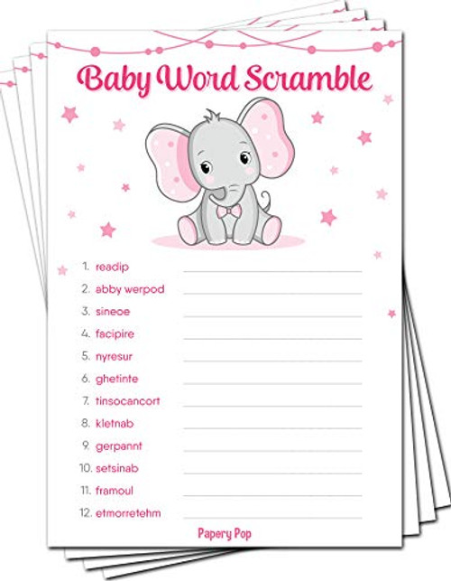 Baby Word Scramble Game Cards (Pack of 50) - Baby Shower Games for Girls - Party Activities Ideas Supplies - Elephant