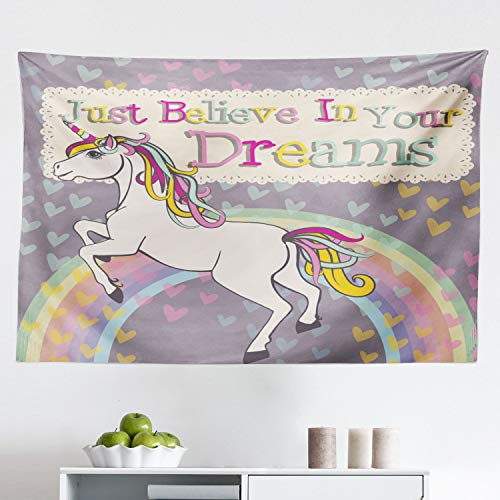 Ambesonne Feminine Tapestry, Unicorn Believe in Your Dreams Words Illustration, Fabric Wall Hanging Decor for Bedroom Living Room Dorm, 45 inch X 30 inch, Beige Lilac
