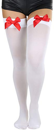 ToBeInStyle Women's Opaque Satin Bow Accent Thigh Highs - White/Red - One Size