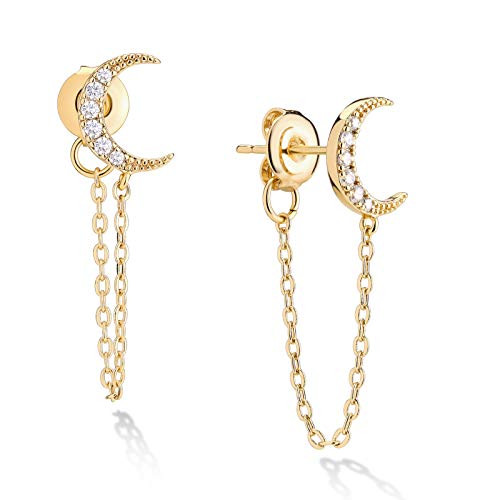 WEARON Chain Studs Earrings 14K Gold Plated Dainty Bar Earrings Cubic Zirconia Chain Dangle Earrings Cute Moon Stud Earrings For Women