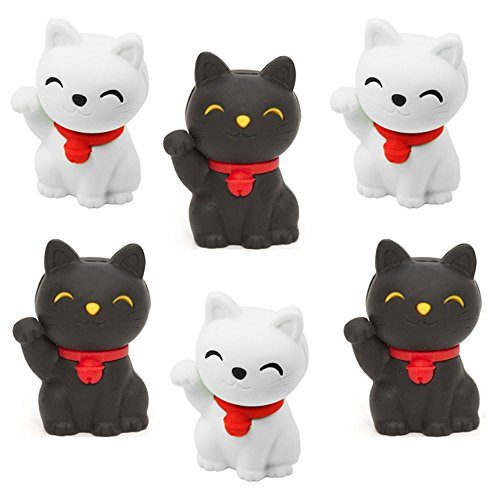 Japanese Iwako Erasers Maneki Welcome Cat - Black and White Lucky Cat 6pcs