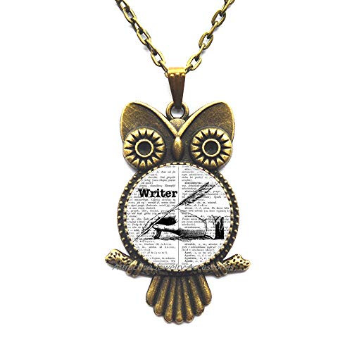 Wklo0avmg Writer Owl Necklace, Gift for Writer, Typewriter Jewelry, Author Owl Necklace, Writers Gift, Writing Quill, Gift for Author Writing,QK0O112