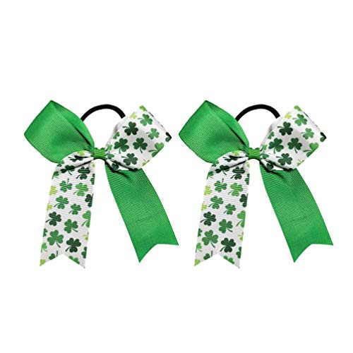 Amosfun 2PCS St Patricks Day Clover Hair Tie Shamrock Cheer Bow Ponytail Holder St Patricks Day Hair Accessories