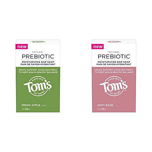 Tom's of Maine Prebiotic Moisturizing Natural Bar Soap, Fresh Apple, 5 oz. with Tom's of Maine Prebiotic Moisturizing Natural Bar Soap, Soft Rose, 5 Ounce