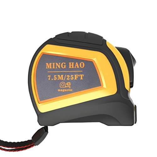 Tape Measure 25 Ft By MING HAO, Auto-Lock, Easy to Read Both Side Dual Ruler, Metric, Inches and Imperial Measurement, Magnetic Hook, Solid Rubber Case