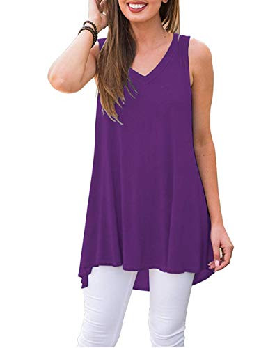 AUSELILY Women's Solid Plain Summer Casual Sleeveless V-Neck T-Shirt Tunic Blouse Tank Tops Violet Plum (L,Purple)