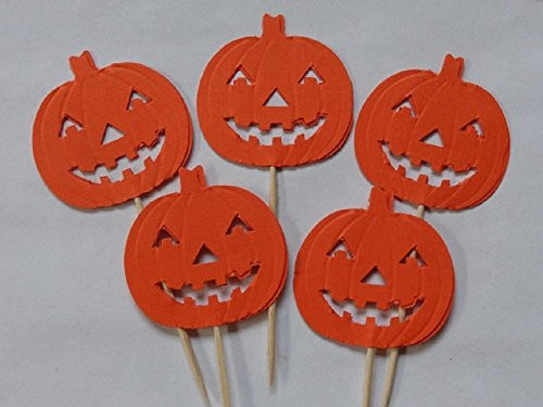 Jack O' Lantern Pumpkin Cupcake Toppers - Halloween Party Picks - Food Picks (Set of 24)