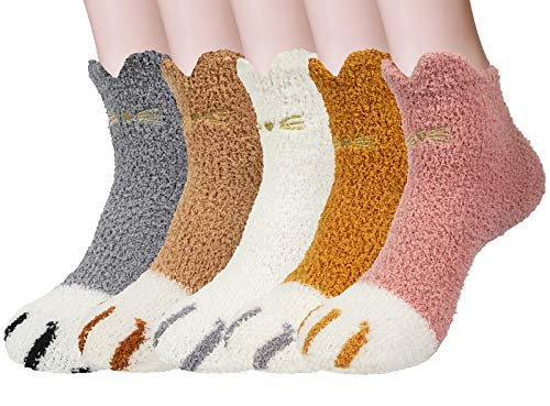 YSense 5 Pairs Women Fuzzy Fluffy Cozy Slipper Socks Warm Soft Winter Plush Home Sleeping Socks, Yellow and Pink and Brown and White and Gray