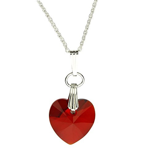 Red Sterling Silver Cable Chain Necklace Heart Pendant Made with Swarovski Crystals, 16 inch