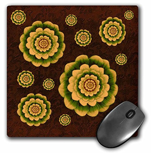 3dRose LLC 8 X 8 X 0.25 Inches Mouse Pad, Gold and Olive Fantasy Mandala Flowers on Chocolate Muted Damask Background (mp_32147_1)