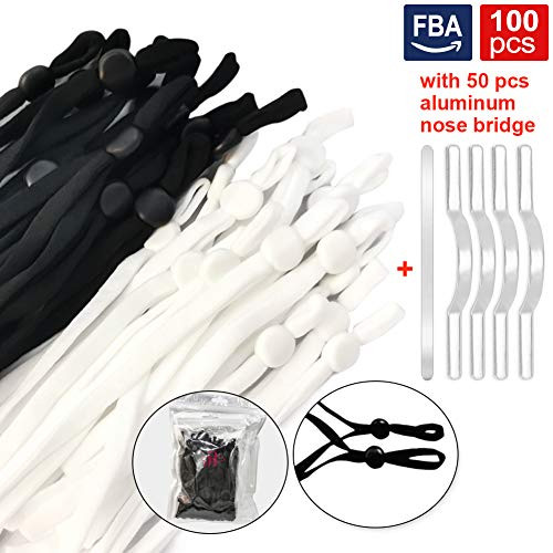50White plus 50Black Pieces Elastic Band for Sewing with Adjustable Buckle Stretchy Mask Earloop Lanyard Earmuff Rope with 50pcs 90MM Aluminum Nose Bridge for Crafts DIY Sewing