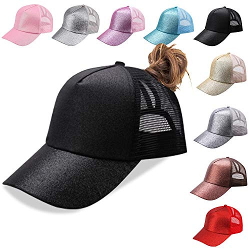 NeuFashion Ponycap Messy High Bun Ponytail Adjustable Mesh Trucker Baseball Cap Hat , Glitter Black, One Size