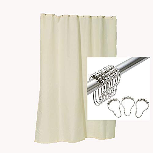 Broder Mfg Mildew Resistant Water Repellent Fabric Shower Curtain/Liner 70-Inch by 72-Inch, Beige with Hooks