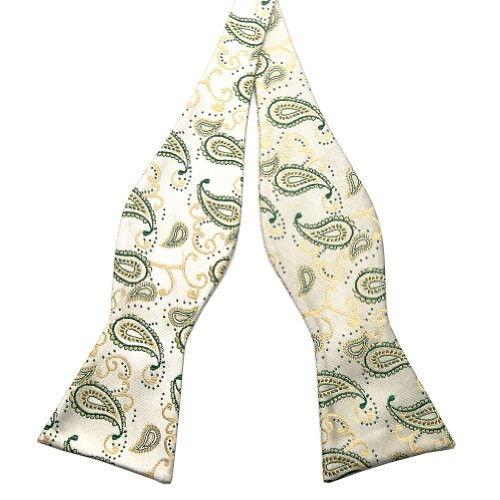 PenSee Mens Self Bowtie Green  and  Beige Paisley Jacquard Woven Bow Ties