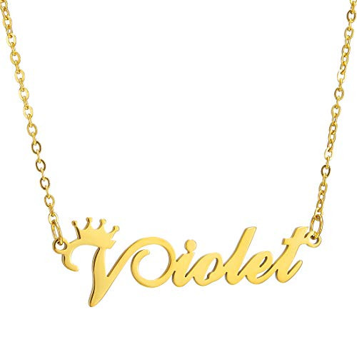 Name Necklace Personalized,Customized Script Initial Women Girl Nameplate Charm Crown Necklace Stainless Steel Pendant Necklace Chain Jewelry Gift,Gold Violet Necklace Name Necklace Personalized,Customized Script Initial Women Girl Nameplate Charm Crown Necklace Stainless Steel Pendant Necklace Chain Jewelry Gift,Gold Violet Necklace
