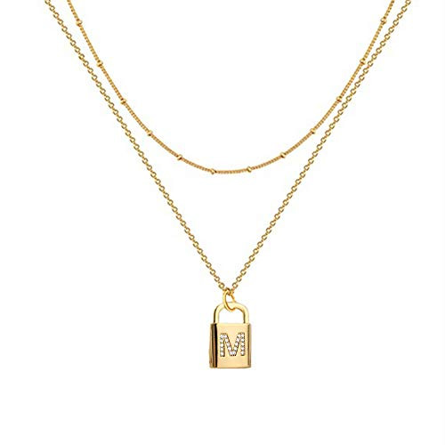 A-Z Initial Letters Lock Pendant Necklace Yellow 18K Gold Plated Alphabet Name Necklace Dainty Charms Double Multilayer Necklace Bead Chain Choker Necklace Jewelry Gift for Women or Girls (lock-M)