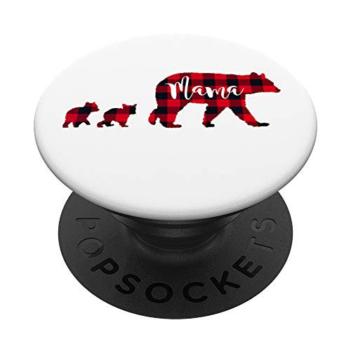 Mama Bear With 2 Two Cubs Red Black Check Plaid PopSockets PopGrip: Swappable Grip for Phones  and  Tablets