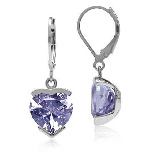 Silvershake 10mm Heart Shape Lavender Cubic Zirconia White Gold Plated 925 Sterling Silver Leverback Dangle Earrings