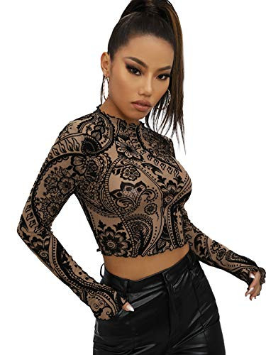 Floerns Women's Printed Long Sleeve Round Neck Mesh Lettuce Trim Crop Top Multicoloured M