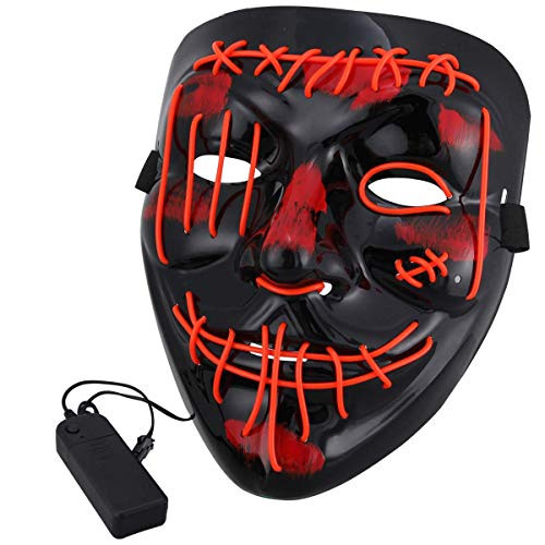 Scary Halloween Led Mask - Light Up EL Wire Mask for Cosplay,Halloween Party,Costume Masquerade Party - Glowing Halloween Festival Mask for Men,Women Red