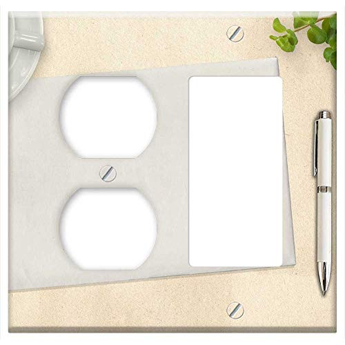 2-Gang, Outlet Rocker/GFCI Combination Wall Plate Cover - Note Pad Pen Coffee Cup Plant Desk Writing Paper 2