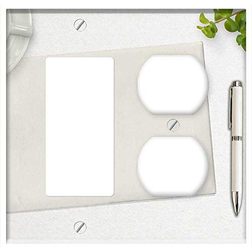 2-Gang, Rocker/GFCI Outlet Combination Wall Plate Cover - Note Pad Pen Coffee Cup Plant Desk Writing Paper 1