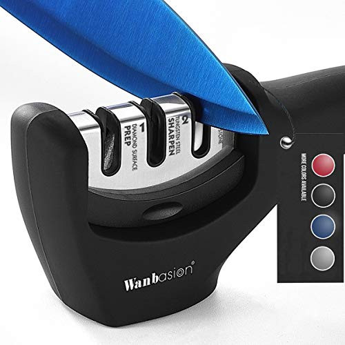 Wanbasion Black Kitchen Knife Sharpener Professional 3 Stages, Kitchen Knife Sharpener Manual Sharpening, Knife Sharpener for Kitchen Knives with Stainless Steel Ceramic Diamond Blade