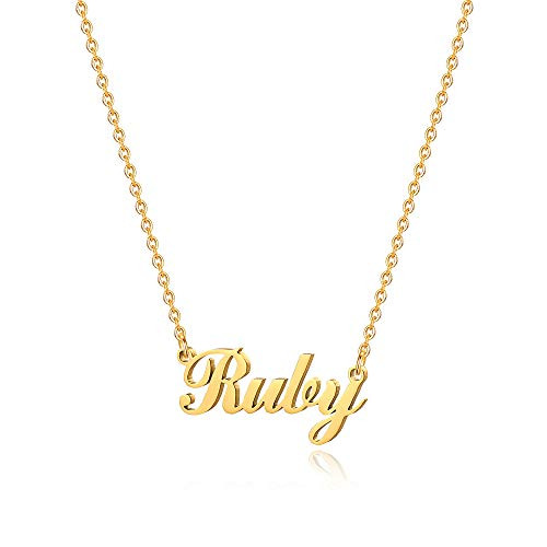 M MOOHAM Gold Ruby Name Necklace Personalized - 18K Gold Plated Stainless Steel Custom Ruby Name Necklace Nameplate Necklace Customized Ruby Necklace Personalized Gifts