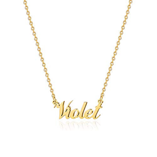 M MOOHAM Personalized Violet Name Necklace Customized - 18K Gold Plated Stainless Steel Custom Violet Name Necklace Nameplate Necklace Tiny Name Necklace Personalized Gifts for Violet