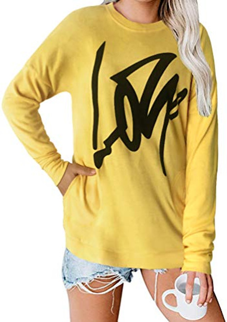 Womens Sweatshirts Long Sleeve Love Print Pullover Tshirt Casual Loose Blouse Tops (Yellow,M) Womens Sweatshirts Long Sleeve Love Print Pullover Tshirt Casual Loose Blouse Tops (Yellow,M)