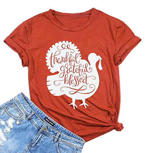 Thanksgiving Shirt for Women Grateful Thankful Blessed T-Shirt Turkey Graphic Print Casual Short Sleeve Tees Tops (Yellow, X-Large)