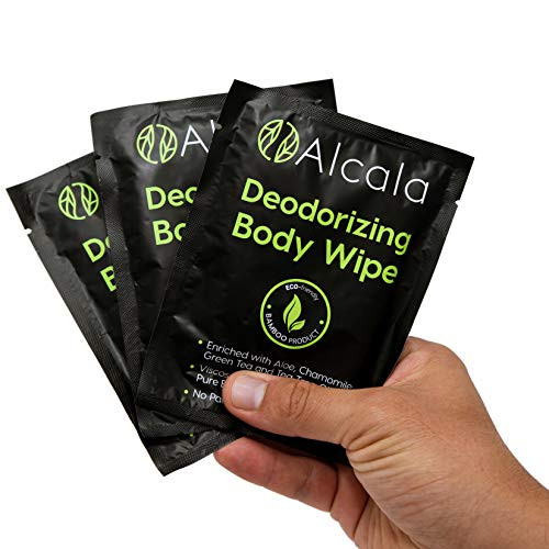 Alcala Deodorizing Body Wipes 100percent Pure Bamboo with Tea Tree, Individually Wrapped Biodegradable Shower Wipes (3 Pack)