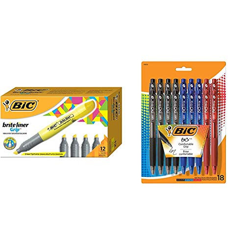 BIC Brite Liner Grip Highlighter, Tank, Chisel Tip, Yellow, 12-Count  and  BU3 Grip Retractable Ball Pen, Medium Point (1.0 mm), Assorted Colors, 18-Count
