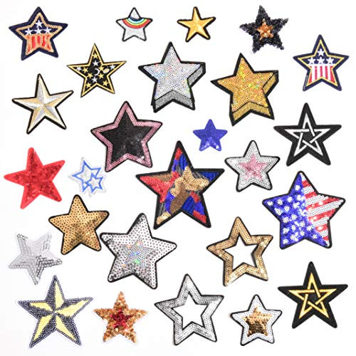 26 Pcs Iron on Sequined Star Patches, Star Applique Patches, Sew on Star Appliques with Embroidered Patch, Decorative Repair Patches for Clothing, Shirts, Shoes, Jeans, Hats (Star)