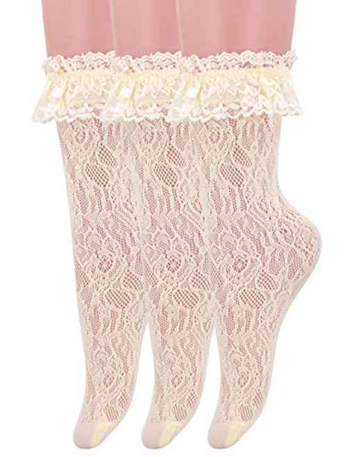 SEMOHOLLI Women Ankle Socks,Women Lace Ruffle Frilly Ankle Socks Fashion Ladies Girl Princess Socks (3 Pairs-light yellow)