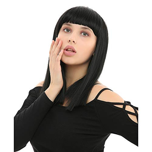 Suqin Short Straight Bob Wig for Black Women with Flat Bangs Natural Looking Heat Resistant Hair Cosplay Costume With Hair Bangs(black)
