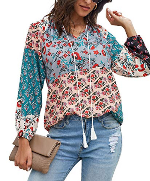 Women Chiffon Casual Boho Floral Print Balloon Long Sleeve V-Neck Loose Drawstring Blouses Tops Multicolor S Women Chiffon Casual Boho Floral Print Balloon Long Sleeve V-Neck Loose Drawstring Blouses Tops Multicolor S