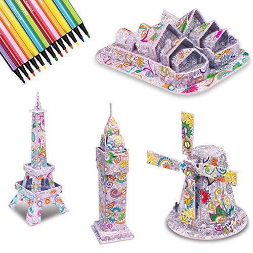 3D Coloring Puzzle Set, 4-Pack Buildings Puzzles with 12 Pen Markers Kit, Art Coloring Painting 3D Puzzle, Creative DIY Toys Gifts for Kids