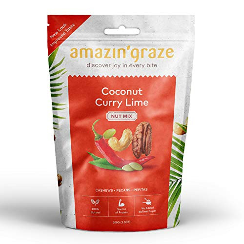 Amazin' Graze Coconut Curry Lime Nut Mix 3.5oz - Mixed Nuts Tropical Snacks Topped with Curry, Aromatic Curry Leaves, Cashew, Pecans  and  Pepita Seed - 100percent Natural  and  Source of Protein