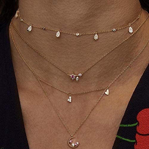Jovono Fashion Multilayered Crystal Choker Necklace Moon Star Pendant Necklaces for Women and Girls(Gold) Jovono Fashion Multilayered Crystal Choker Necklace Moon Star Pendant Necklaces for Women and Girls(Gold)