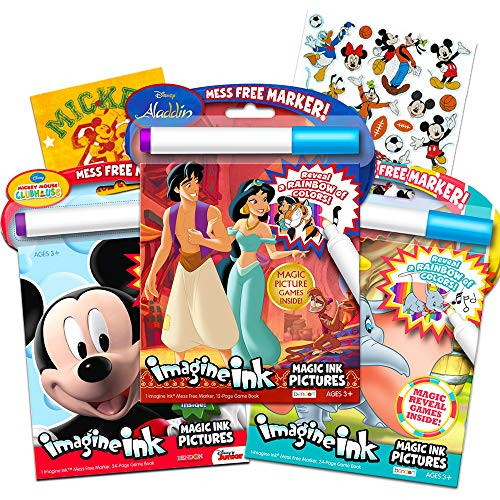 Disney Coloring Book Imagine Ink Super Set ~ 3 No Mess Magic Ink Activity Books Featuring Aladdin, Mickey Mouse, and Dumbo with Disney Mickey Mouse Stickers