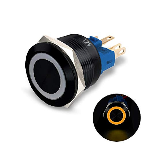 MGI SpeedWare Black Aluminum Push Button Switch 22mm with Socket, 3A 12vDC Ring LED (Momentary, Orange)