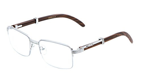 Executive Half Rim Rectangular Metal  and  Wood Eyeglasses/Clear Lens Sunglasses - Frames (Silver  and  Dark Brown Wood, Clear)