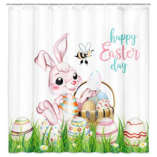 MERCHR Easter Shower Curtain, Cute Pink Bunny Rabbit and Colorful Easter Eggs in Bucket Shower Curtain for Spring Holiday Easter Bathroom Decor, Green Fabric Shower Curtain with Hooks, 69 X 70 Inches