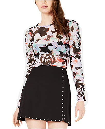 Bar III Women's Tie-Hem Printed Mesh Top (Deep Black, XX-Large)