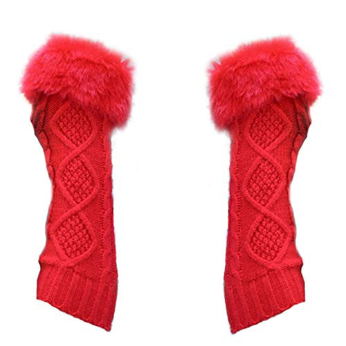 Women's Fur Arm Warmers Cable Knit Fingerless Gloves Winter Mitten,Red