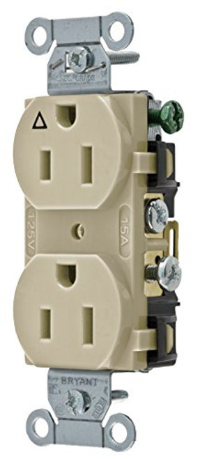 Bryant Electric CR15IGI NEMA 5-15R 15 Amp 125V Commercial Specification Grade Isolated Ground Straight Blade Duplex Receptacle with 2-Pole and 3-Wire Grounding, Ivory