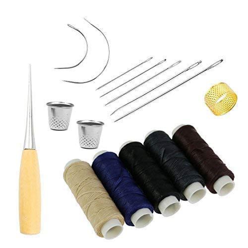 16 Pieces Sewing Needles with Leather Waxed Thread Cord Drilling Awl and Thimble for Leather Repair