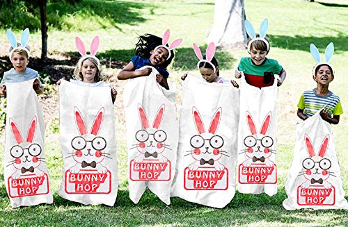 VEYLIN Pack of 6 Potato Sack Race Bags, Easter Outside Lawn Jumping Bunny Sacks Set with 6 Colors Cute Plush Bunny Ears Hairbands for Easter Party